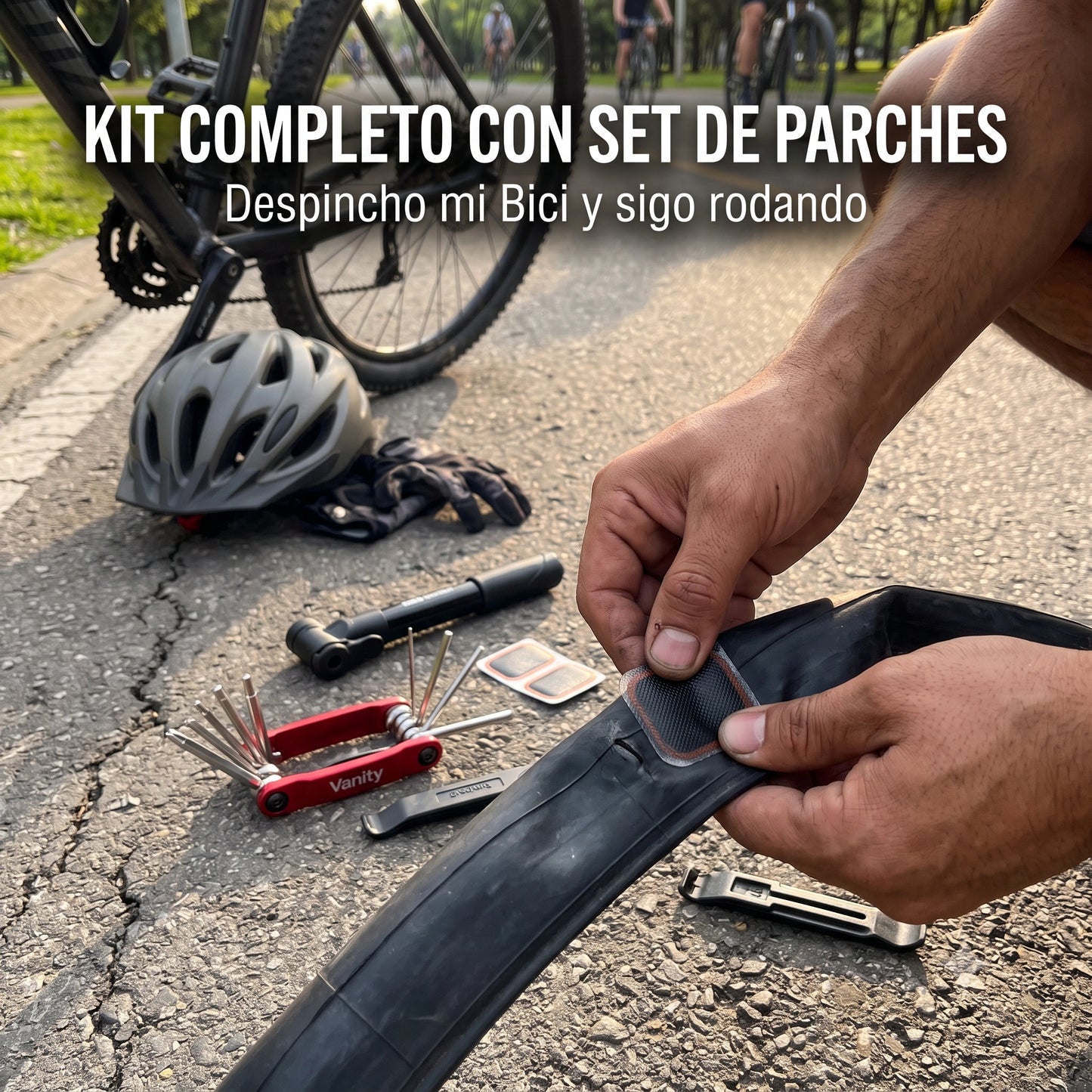 Kit Esencial 3 en 1 para Bicicletas · Bomba 120 PSI + Parches + Multiherramienta