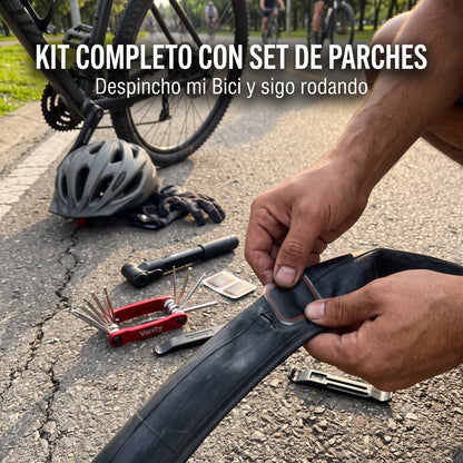 Kit Esencial 3 en 1 para Bicicletas · Bomba 120 PSI + Parches + Multiherramienta