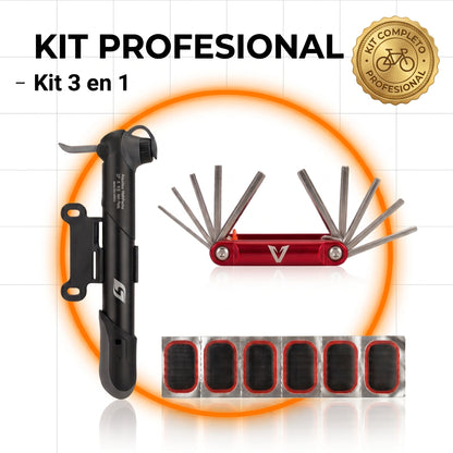 Kit Esencial 3 en 1 para Bicicletas · Bomba 120 PSI + Parches + Multiherramienta